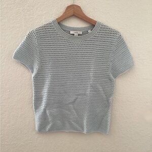 Vince Women's Light Blue Short-Sleeve Cotton Crochet Sweater